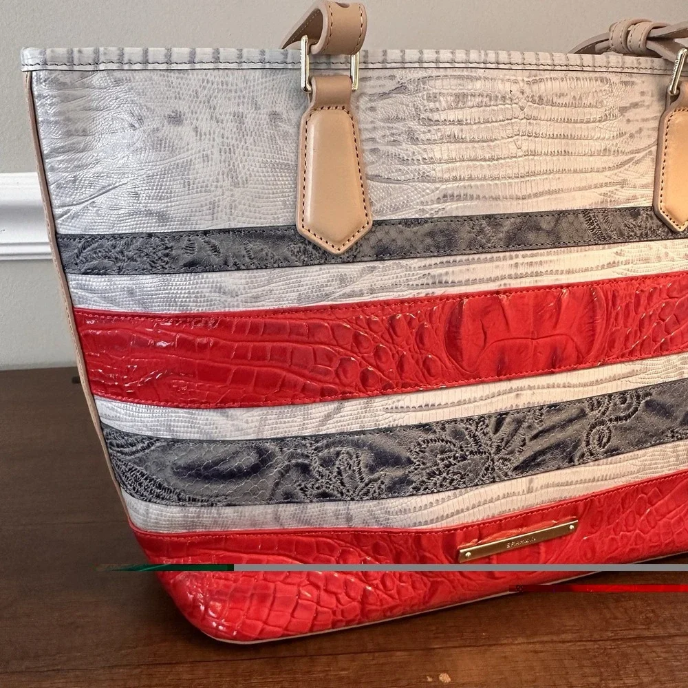 Brahmin Mini Asher Leather Satchel Shoulder Bag Gray Red Striped Preppy